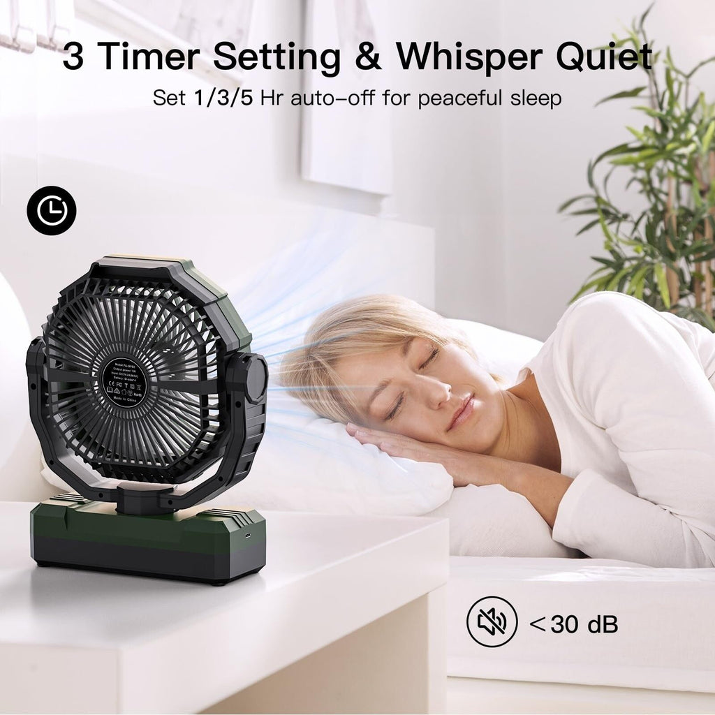 Green 3-Feature Camping Fan with Rechargeable Battery Light and Remote