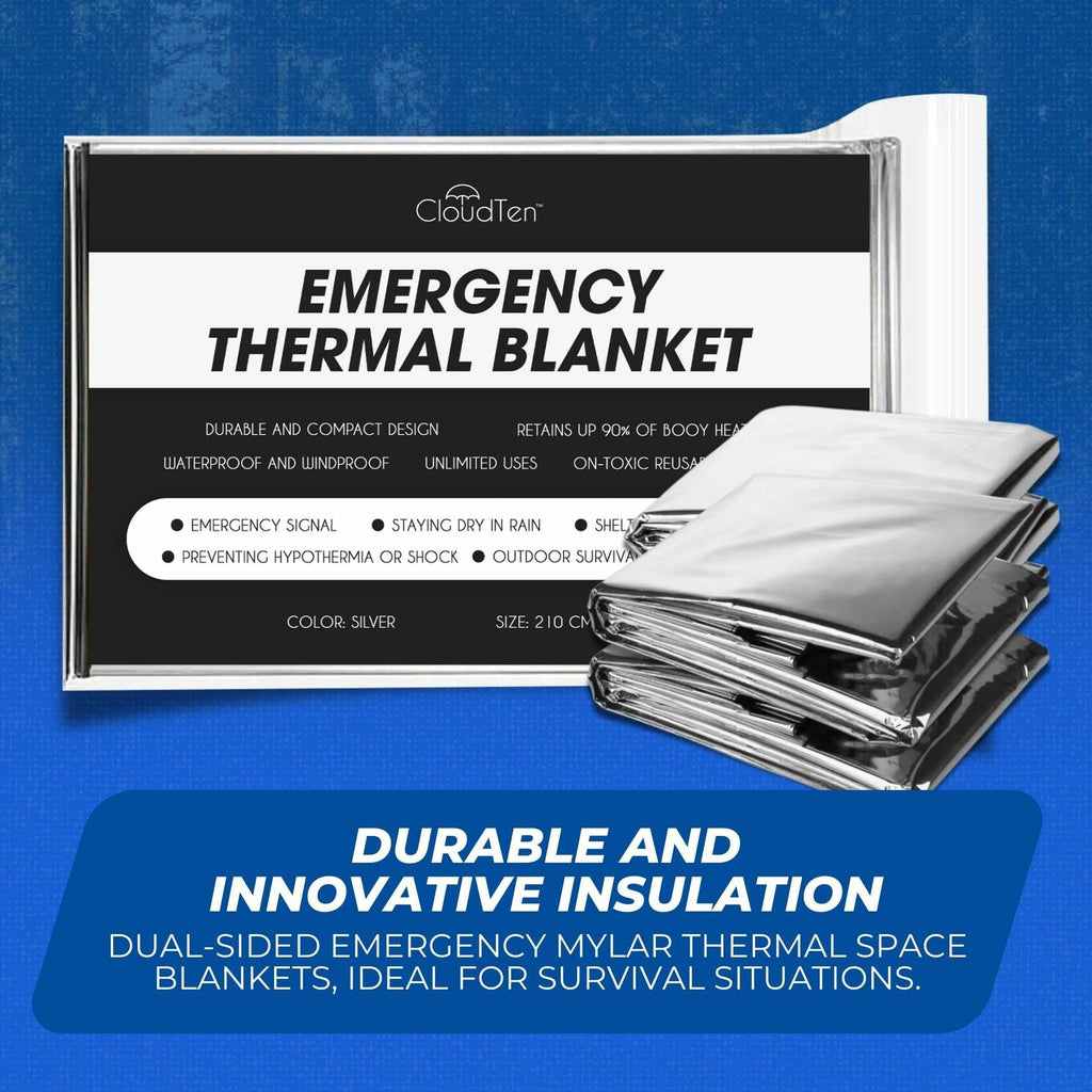 CloudTen Emergency Blanket Bundle 10 Tear Resistant Mylar Blankets Whistle
