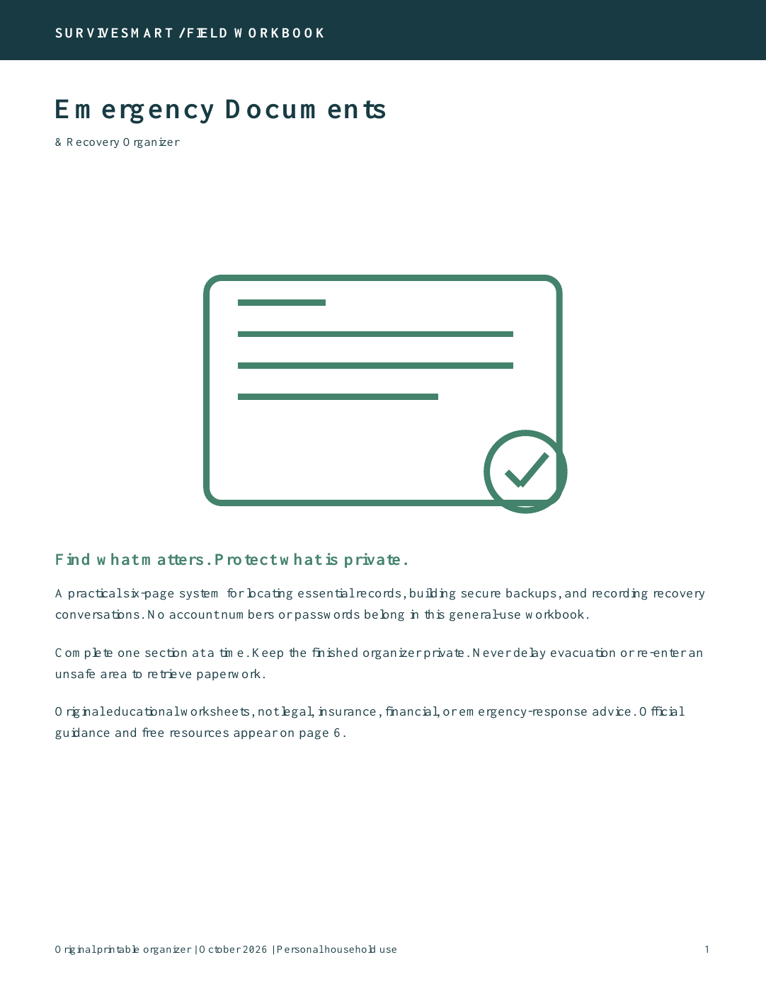 Emergency Documents & Recovery Organizer printable PDF cover