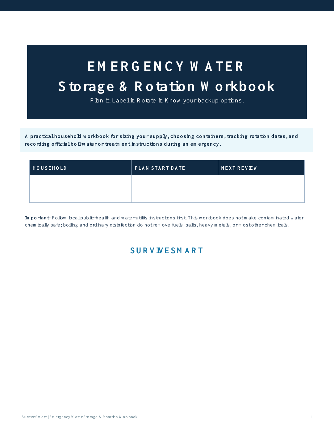 Emergency Water Storage & Rotation Workbook printable PDF cover
