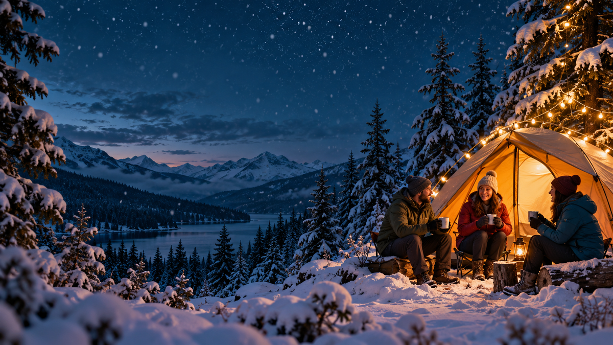 Illustrated Christmas campsite with a glowing tent and campers in a snowy evergreen landscape